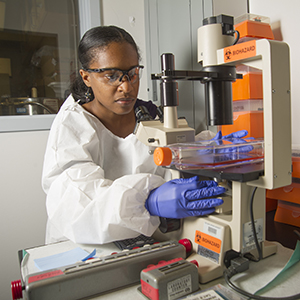 Technician working with microscope.