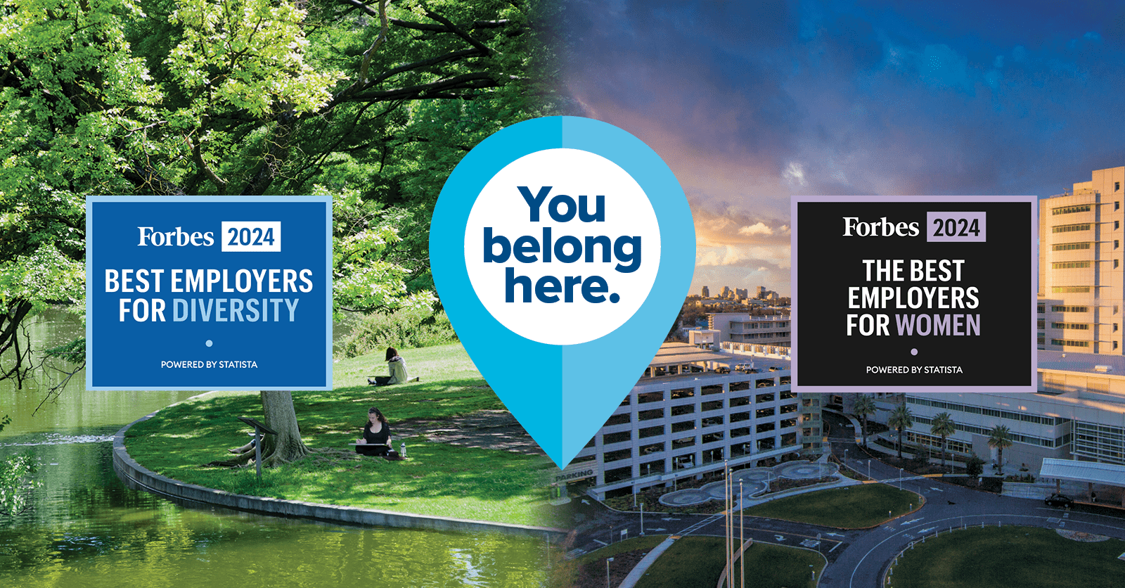 Forbes banner for Best Employer for Diversity and Women 2024. The words "You belong here" appear in the middle of the graphic.