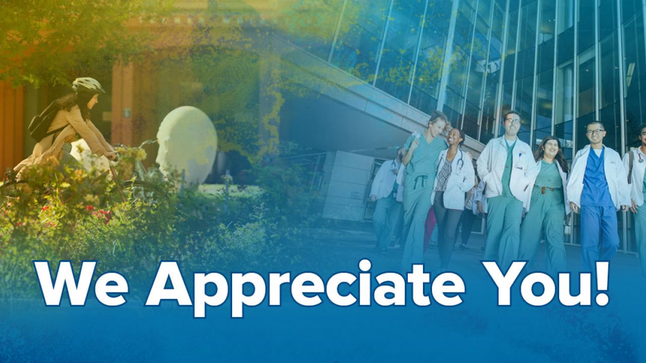 A blended image of a student on a bike and a group of nurses with the text "We Appreciate You!" underneath.