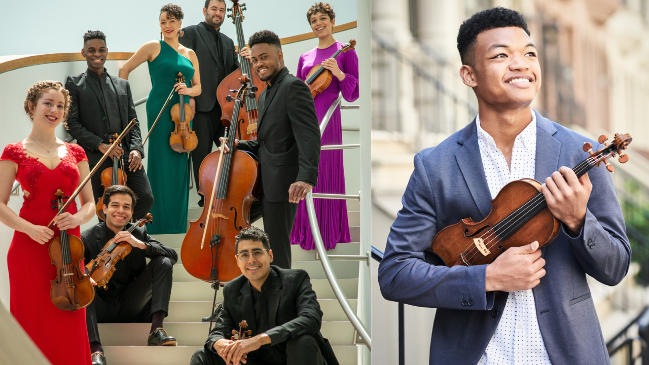 A diverse group of musicians posing with instruments, and a young man holding a violin.