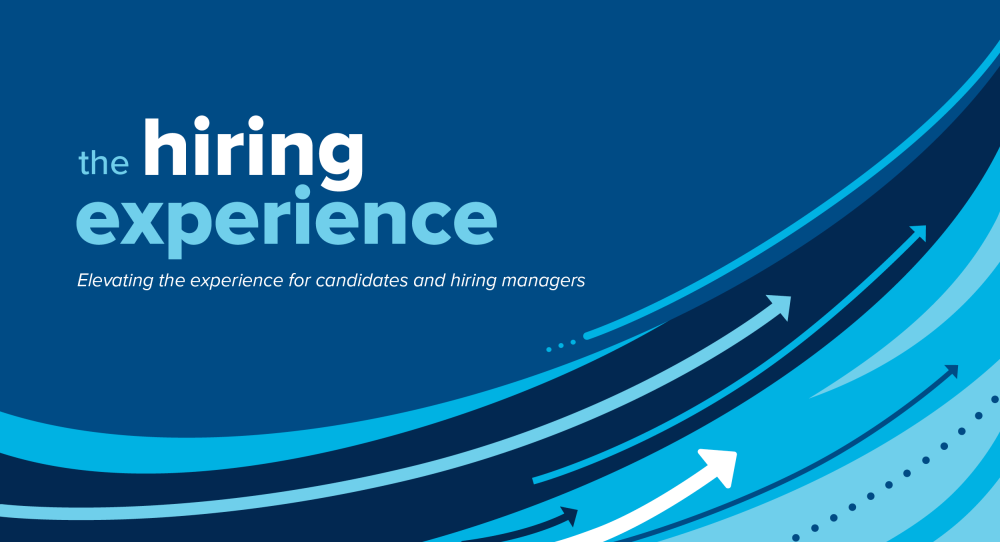 The Hiring Experience web banner with blue swooping arrows